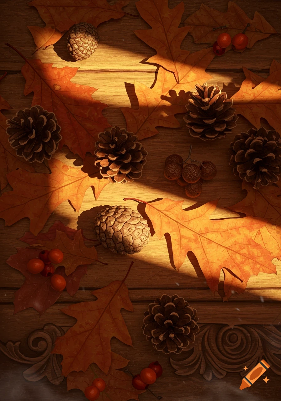 A top-down view of autumn decorations including orange oak leaves, pinecones, and red berries scattered on a wooden surface with dappled sunlight.