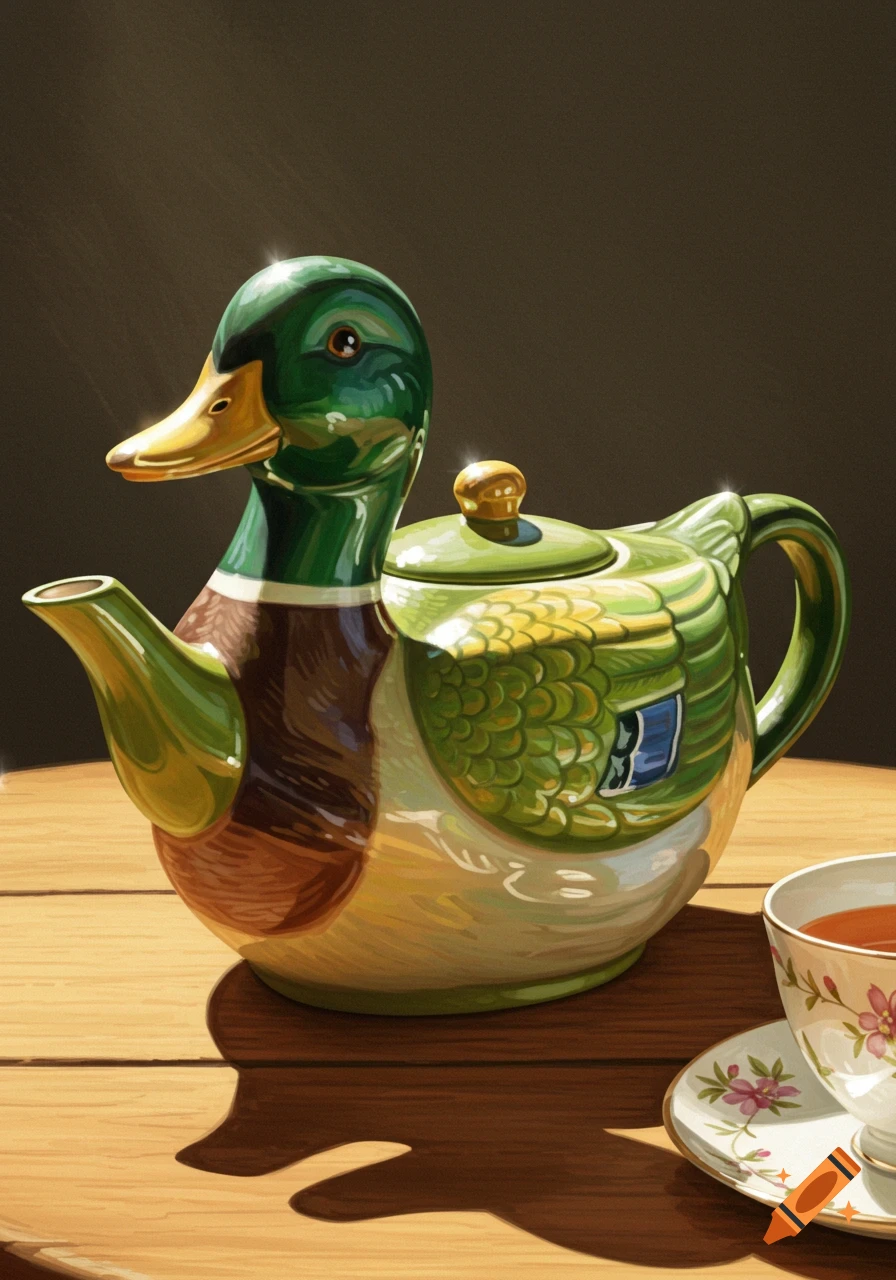 A detailed illustration of a mallard duck teapot on a wooden table next to a teacup with tea, in a realistic style.