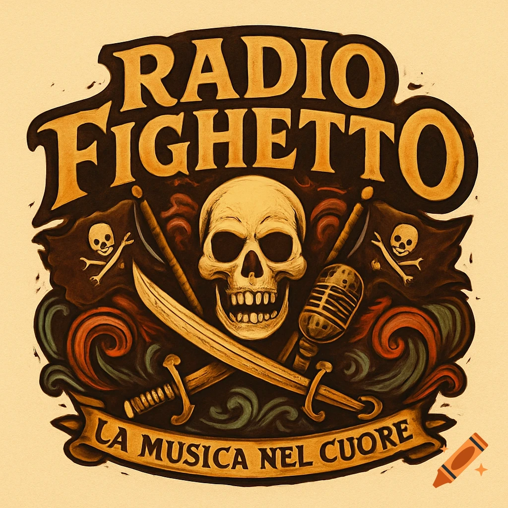 A pirate-themed logo featuring a skull, crossed swords, flags, a microphone, and the text 'RADIO FIGHETTO LA MUSICA NEL CUORE'.