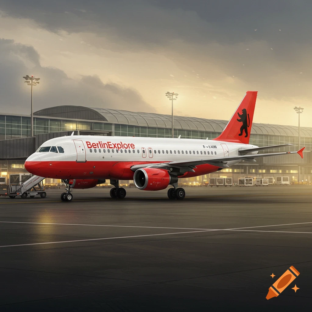 A red and white BerlinExplore airplane with a black bear logo on its tail is parked at an airport under a cloudy sky.