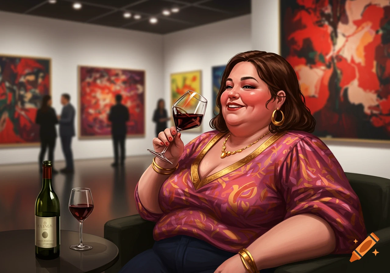 A smiling woman with a glass of wine in an art gallery, a bottle of wine on a table beside her.