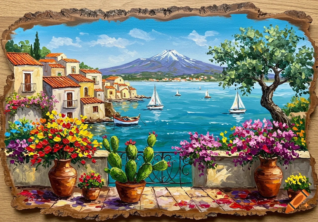 Vibrant painting of a Sicilian coastal town with colorful houses, Etna volcano, boats, and a flower-filled terrace on a rustic wood slice.