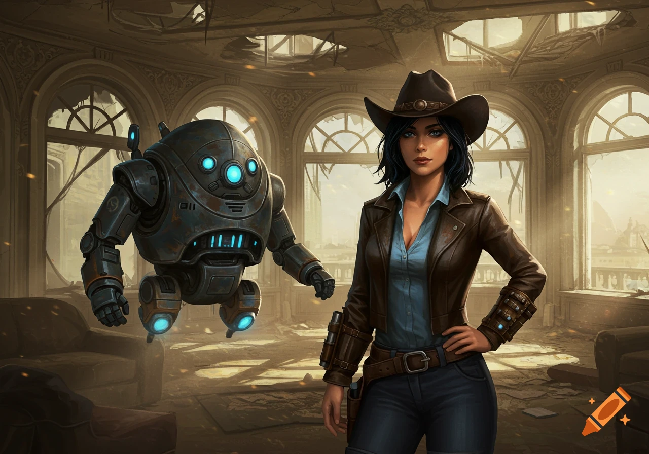 A woman in a cowboy hat and a robot stand in a ruined penthouse. The woman has dark hair and wears a brown jacket.