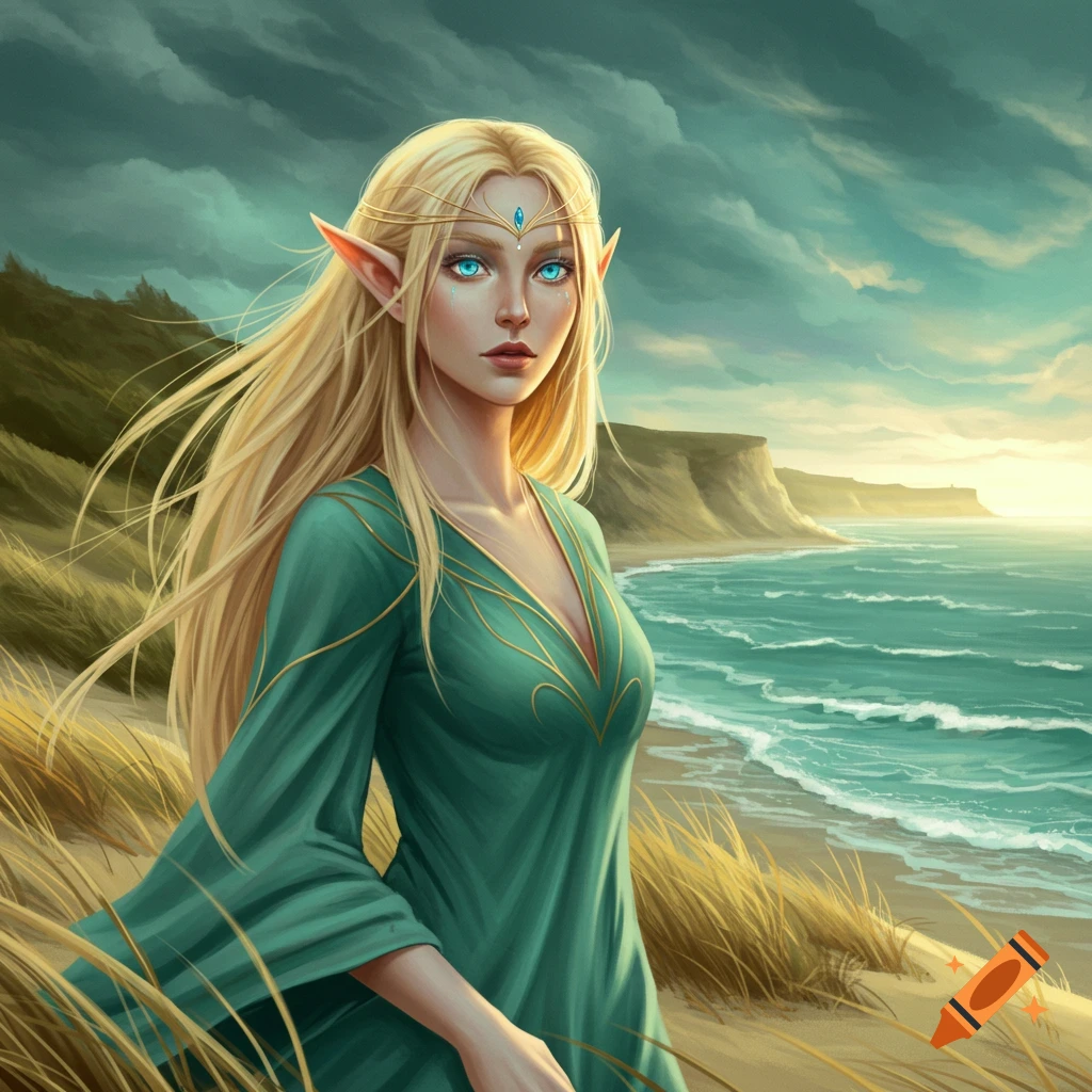 A digital painting of a blonde elf woman with blue eyes and pointy ears, standing by a stormy sea cliff at sunset.