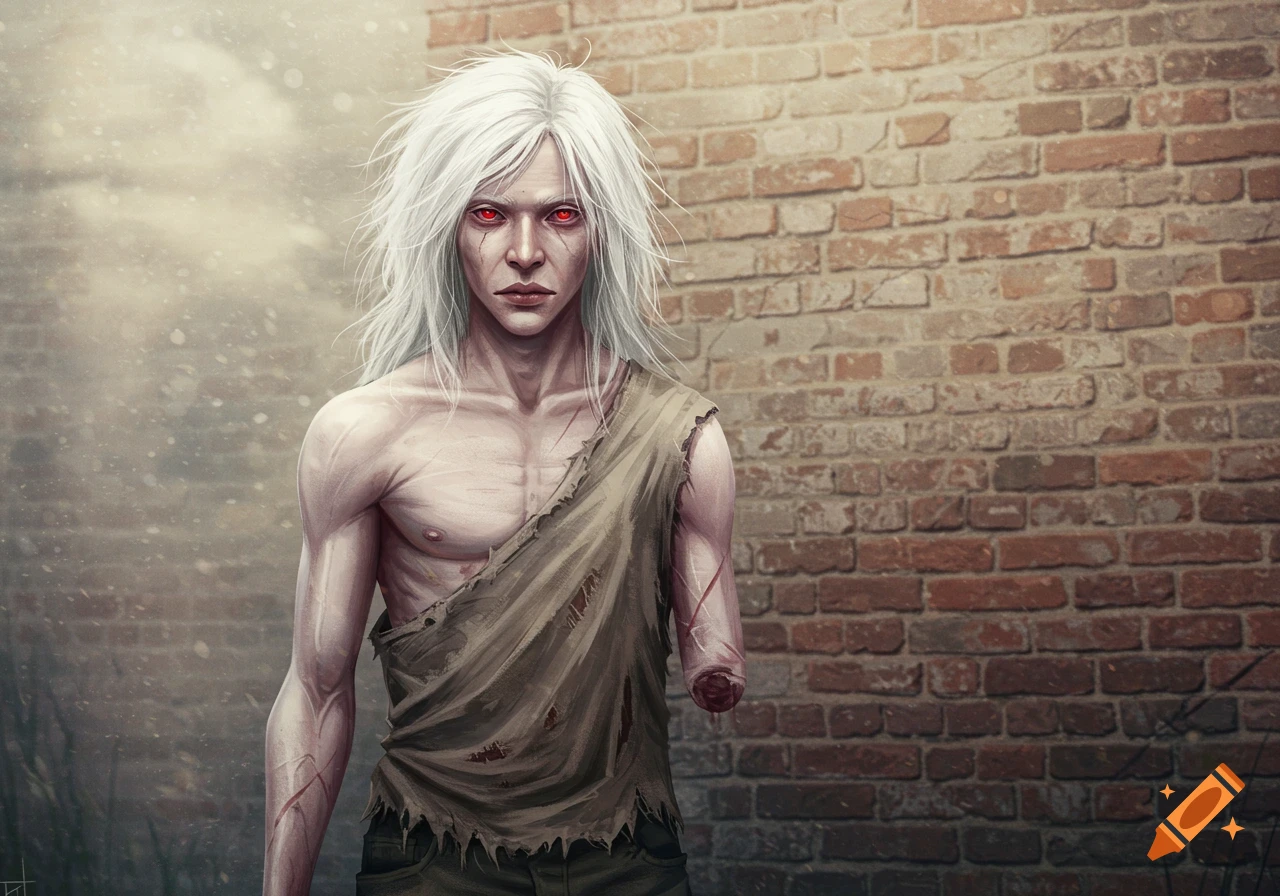 A gaunt albino man with white messy hair, red eyes, and a bandaged amputated left arm wears ragged clothes against a brick wall.