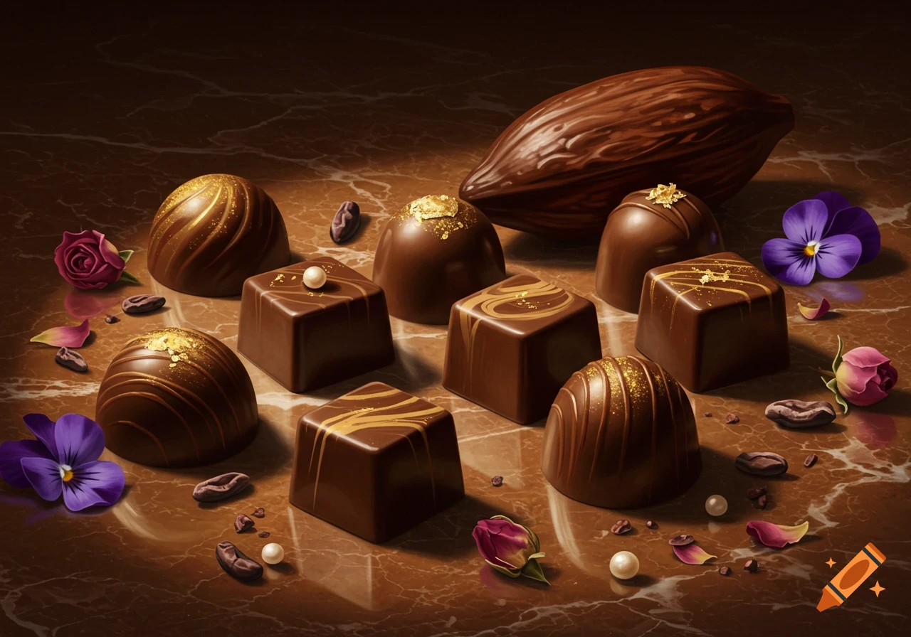 Gourmet chocolates, a cocoa pod, coffee beans, rose petals, and purple pansies on a marbled brown surface.