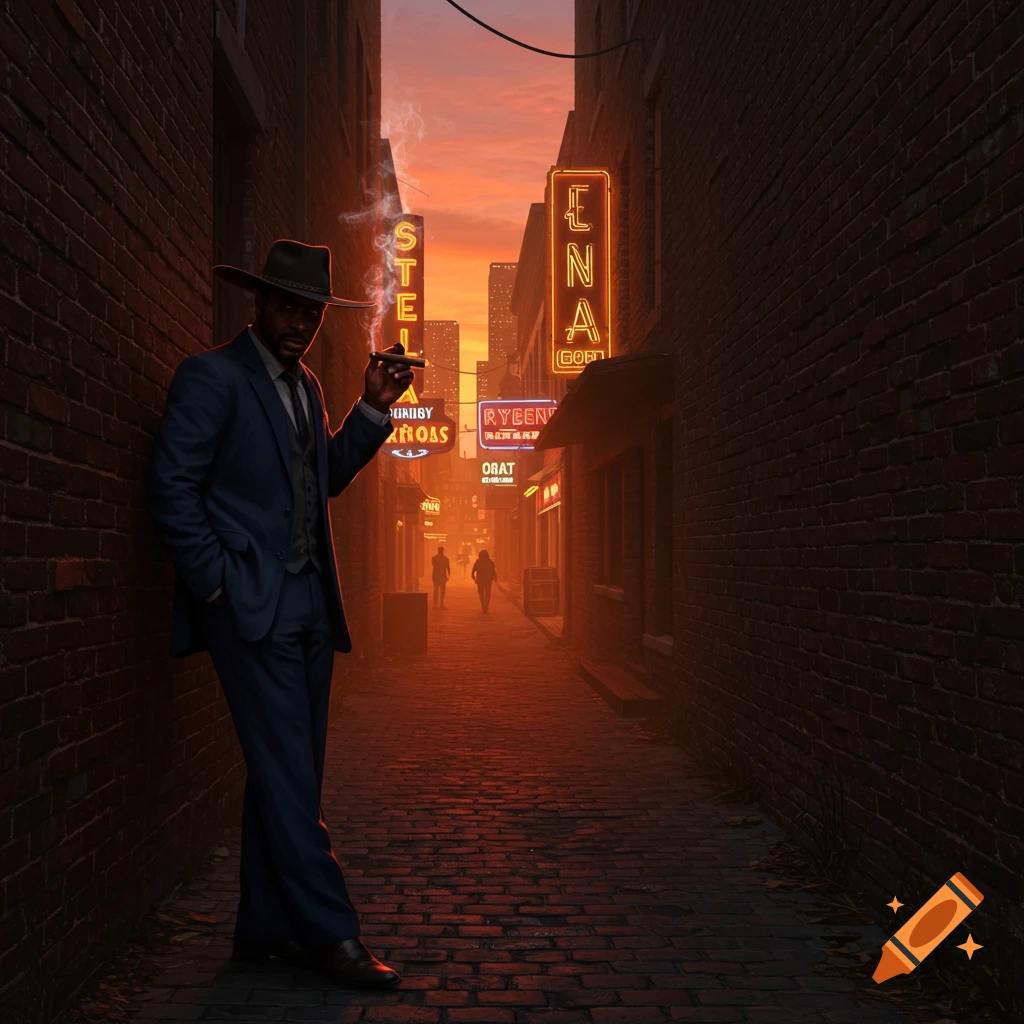 A man in a suit and fedora smokes a cigar, leaning against a brick wall in a neon-lit urban alley at sunset. Photorealistic.