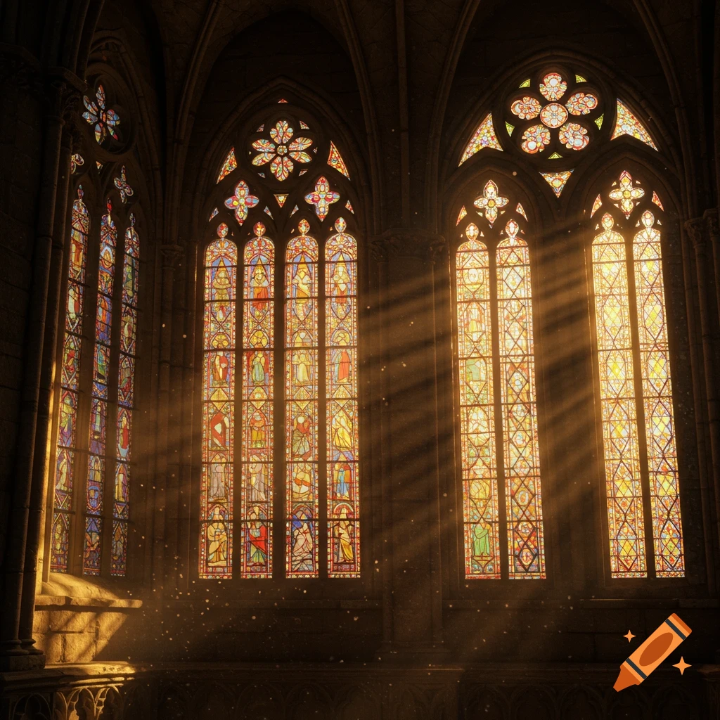 Sunlight beams through ornate, colorful stained glass windows in a grand Gothic church interior.