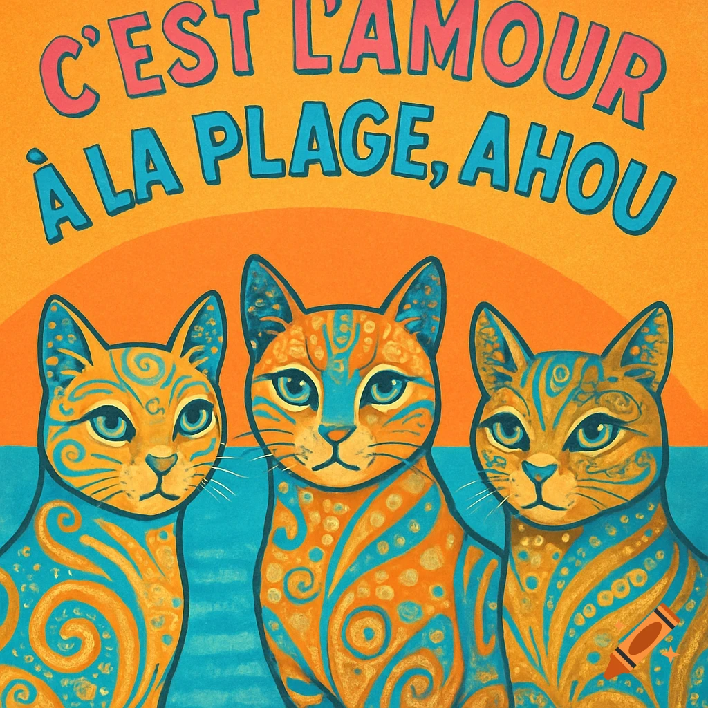 Three stylized orange and blue patterned cats with text "C'EST L'AMOUR À LA PLAGE, AHOU" above them on an orange and blue background.