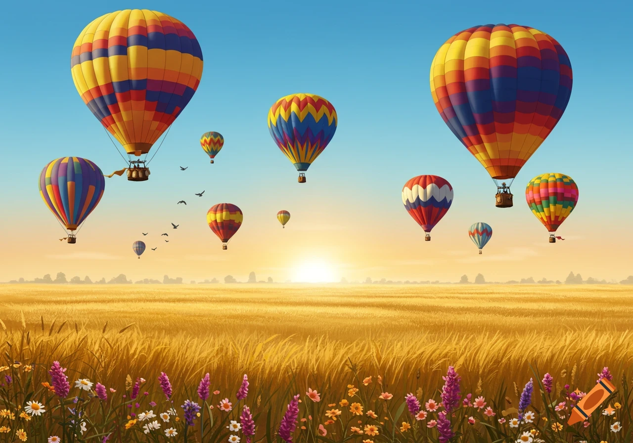 Numerous colorful hot air balloons float over a golden wheat field with purple and white wildflowers during a sunset.