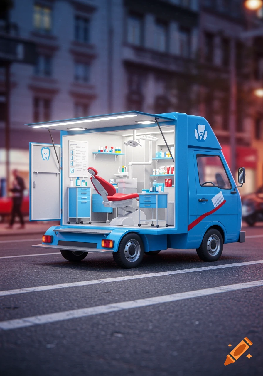 A blue mobile dentistry truck with a dental chair and equipment inside, parked on a city street.