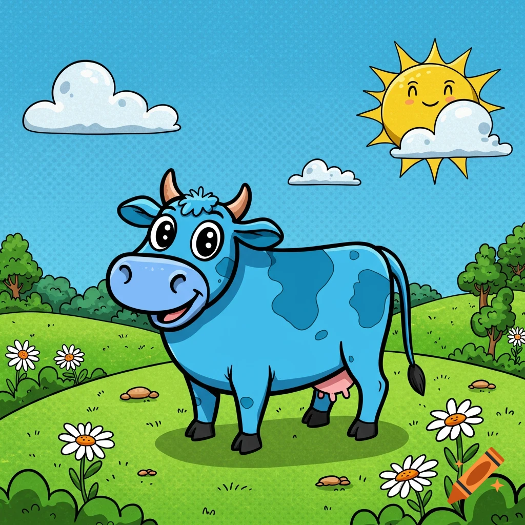 A cheerful blue cartoon cow with spots stands in a sunny green field with daisies, under a blue sky and smiling sun.