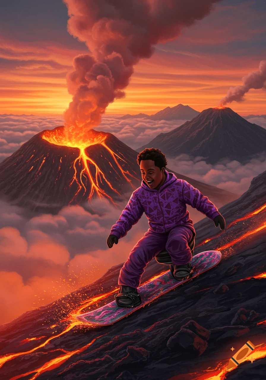 A smiling Black person in a purple suit snowboards down a lava-streaked slope, with erupting volcanoes under an orange sunset in this vibrant digital artwork.