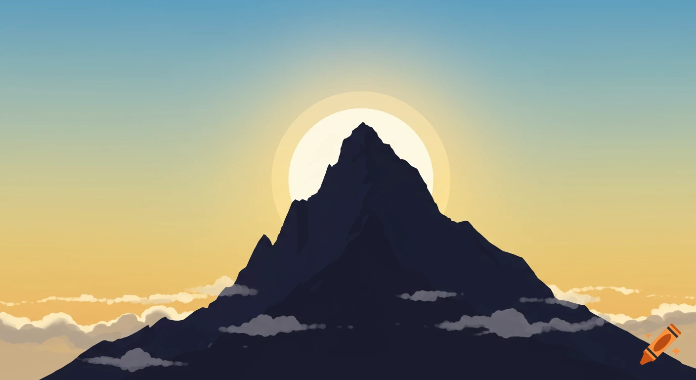 Minimalist illustration of a dark mountain silhouette at sunrise, with a glowing sun and warm yellow-blue gradient sky, and soft clouds.