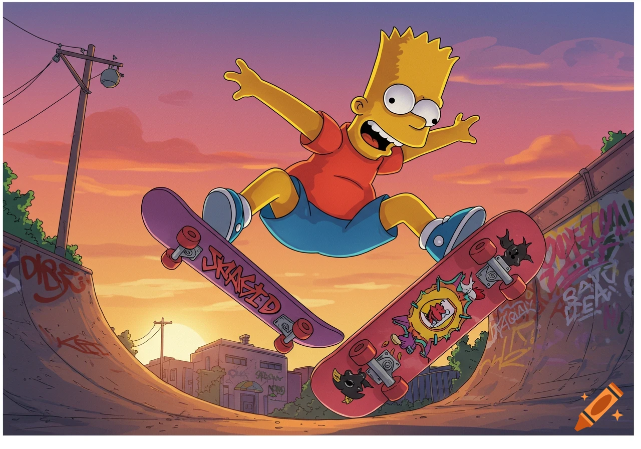 Bart Simpson on two skateboards mid-air in a colorful cartoon skate park at sunset.