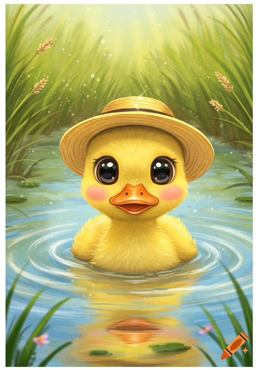A cute yellow duckling wearing a straw hat, with big eyes and rosy cheeks, floats in a pond surrounded by tall grass.