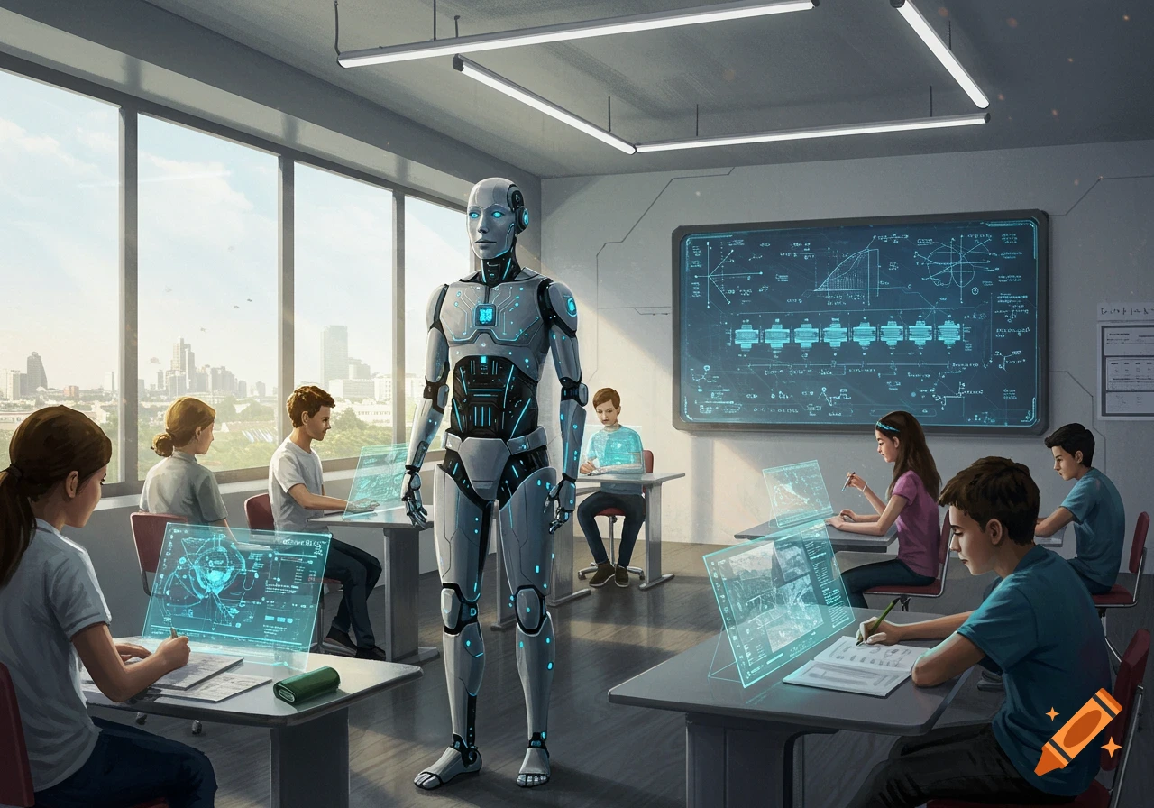 A humanoid AI robot stands in a futuristic classroom with diverse students using holographic screens at their desks, a cityscape visible through large windows.