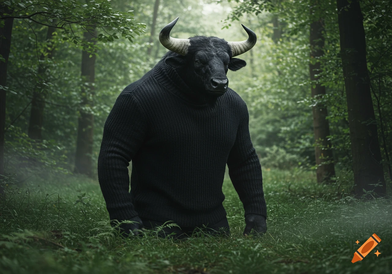 A photorealistic image of a black minotaur wearing a black turtleneck sweater standing in a lush green forest.