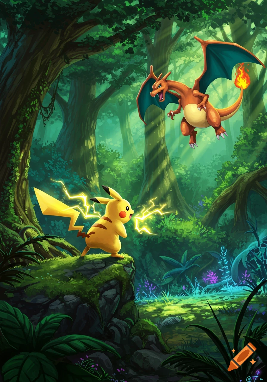 Vibrant illustration of Pikachu using electricity on a mossy cliff, confronting a flying Charizard with fire on its tail in a lush, sun-dappled forest.
