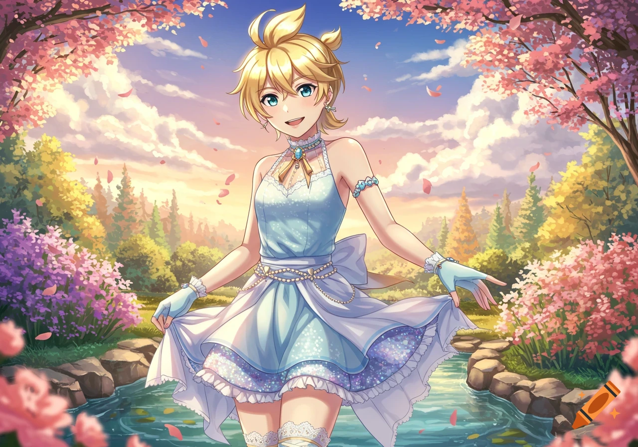 Anime illustration of a smiling blonde character in a light blue dress amidst a vibrant cherry blossom forest by a stream.