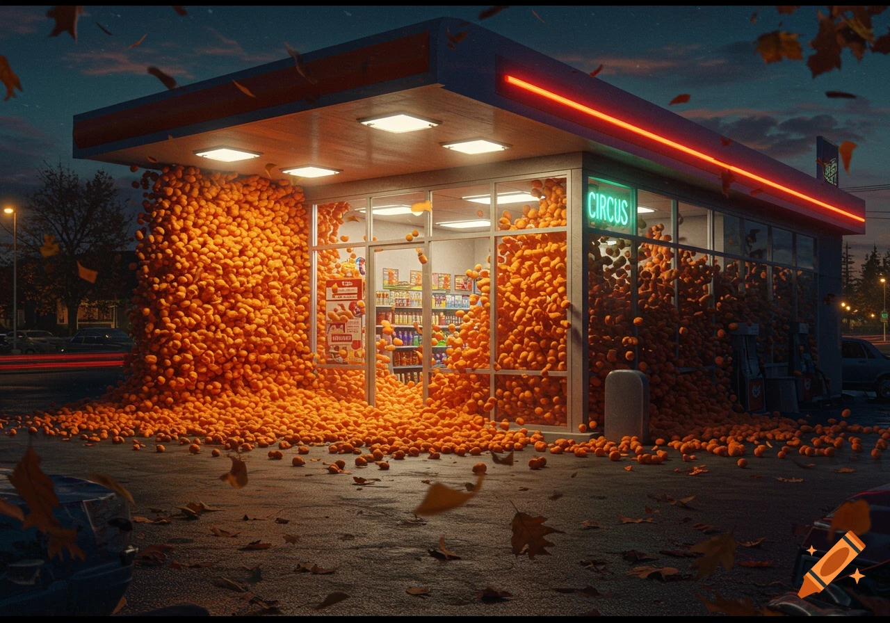 A gas station convenience store at night, overflowing with orange circus peanuts that spill onto the ground amidst fallen autumn leaves.