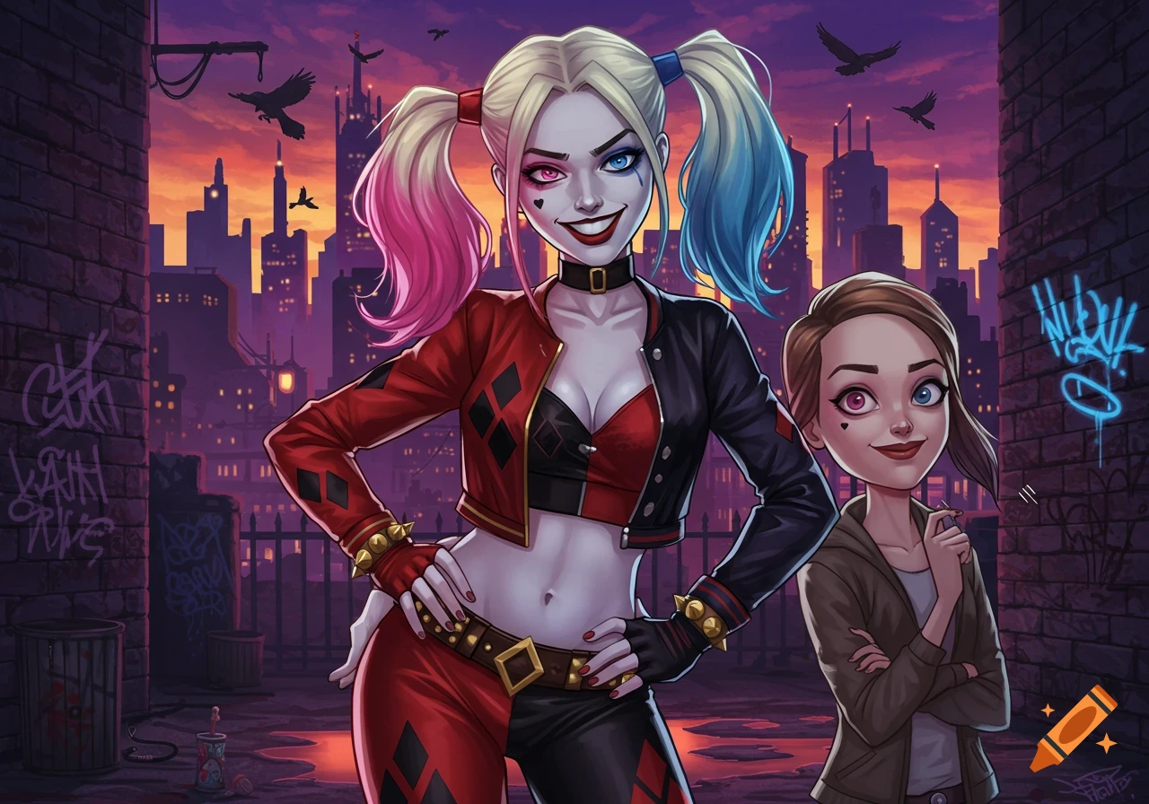 Harley Quinn and a young woman in an urban alley at sunset. Harley has pink and blue pigtails, a black and red outfit. The other woman has brown hair and is dressed in a jacket, smiling.