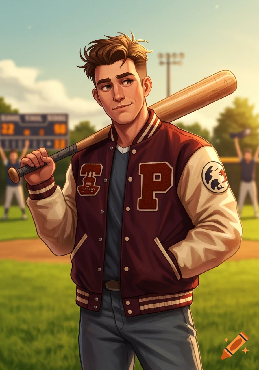 An illustrated young man in a letterman jacket and jeans stands on a baseball field, holding a bat over his shoulder.