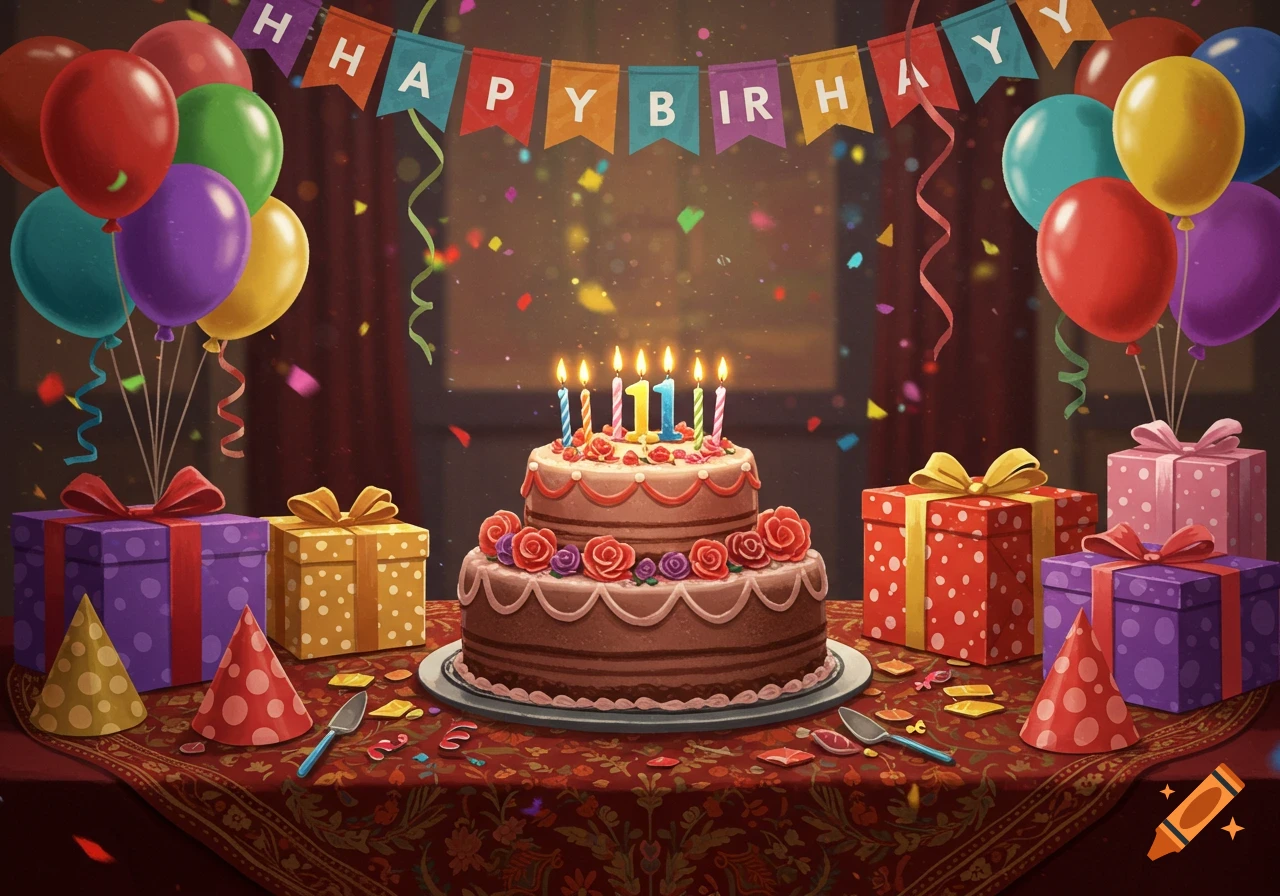 A festive birthday table with a chocolate cake, balloons, presents, party hats, and a banner.