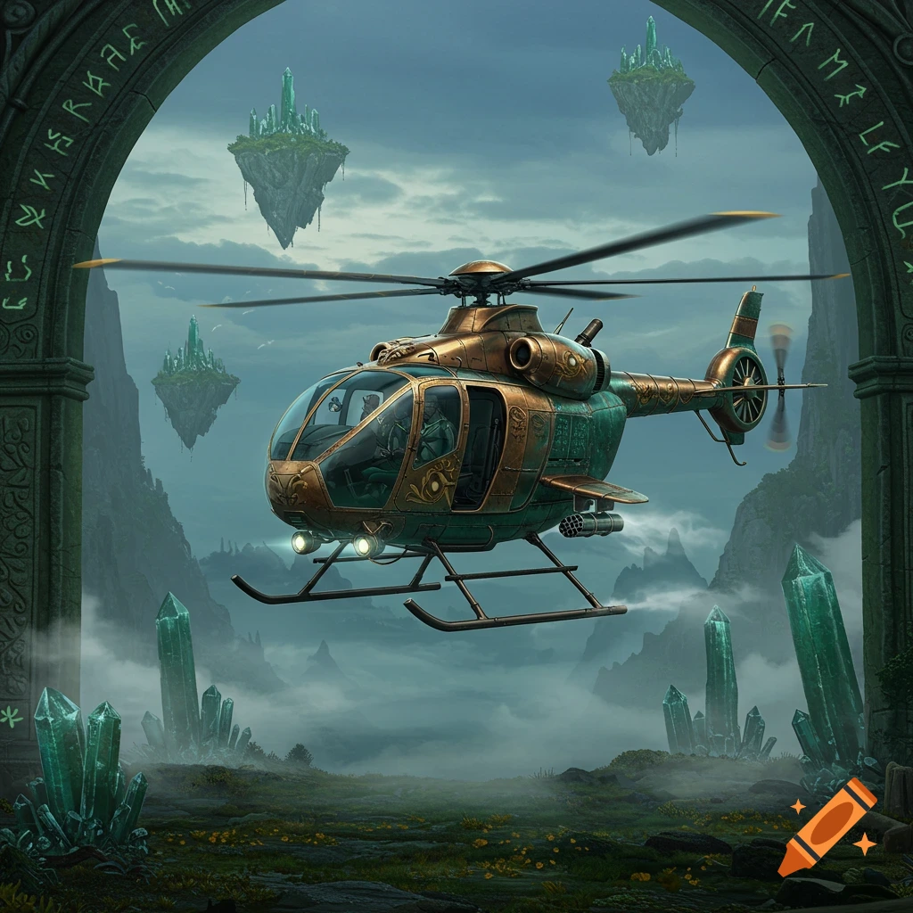 An ornate brass and teal fantasy helicopter flies through a stone archway in a misty landscape with floating islands and giant green crystals.