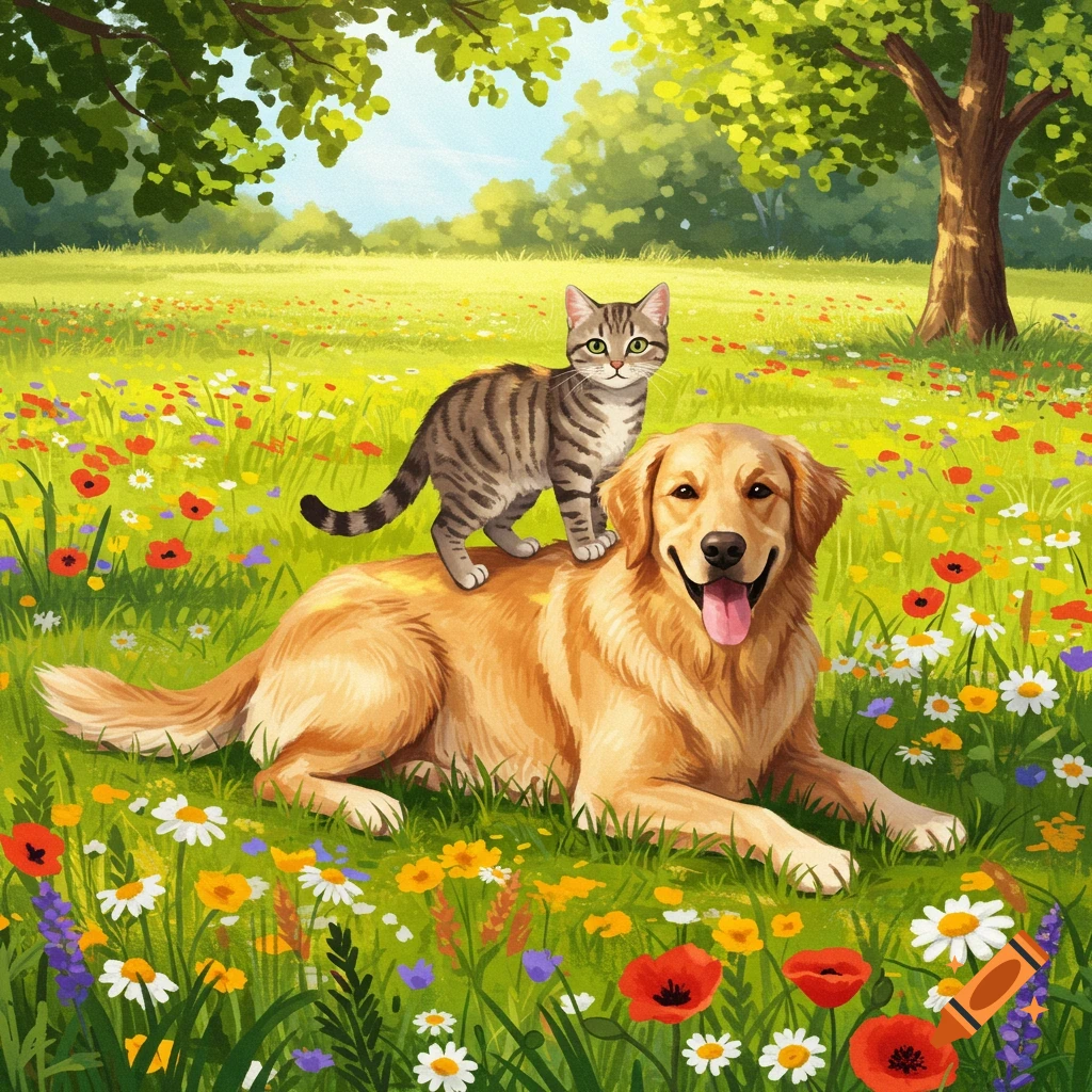An illustrative image of a tabby cat standing on a happy golden retriever in a field of colorful wildflowers.