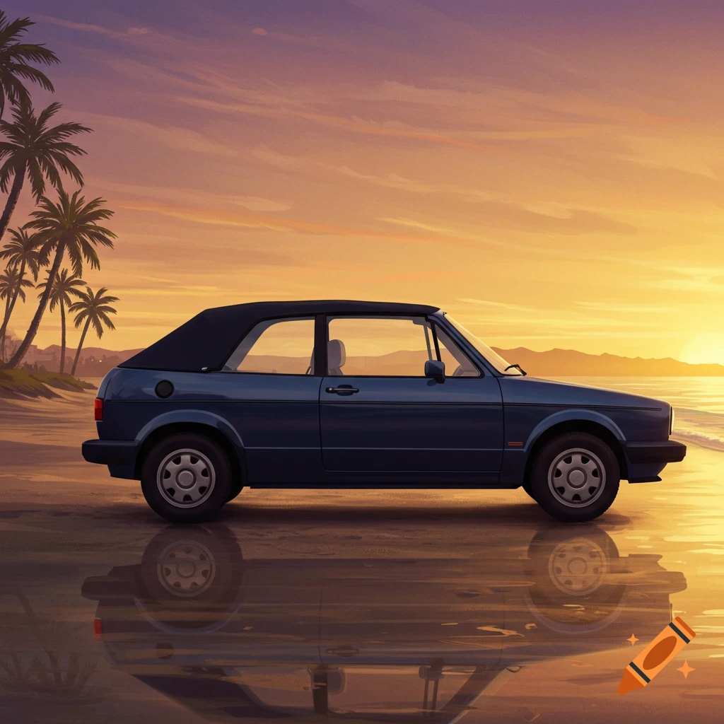 Dark blue convertible car on a wet beach at sunset, with palm trees and mountains in the background, reflected in the sand.