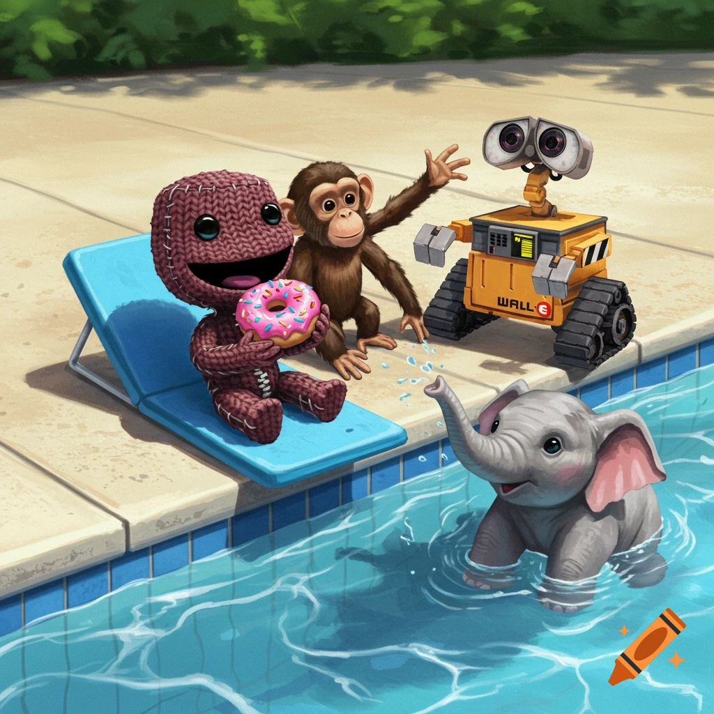 Sackboy sits on a blue lounge chair holding a pink donut, next to a chimpanzee and WALL-E, while a baby elephant plays in a swimming pool.