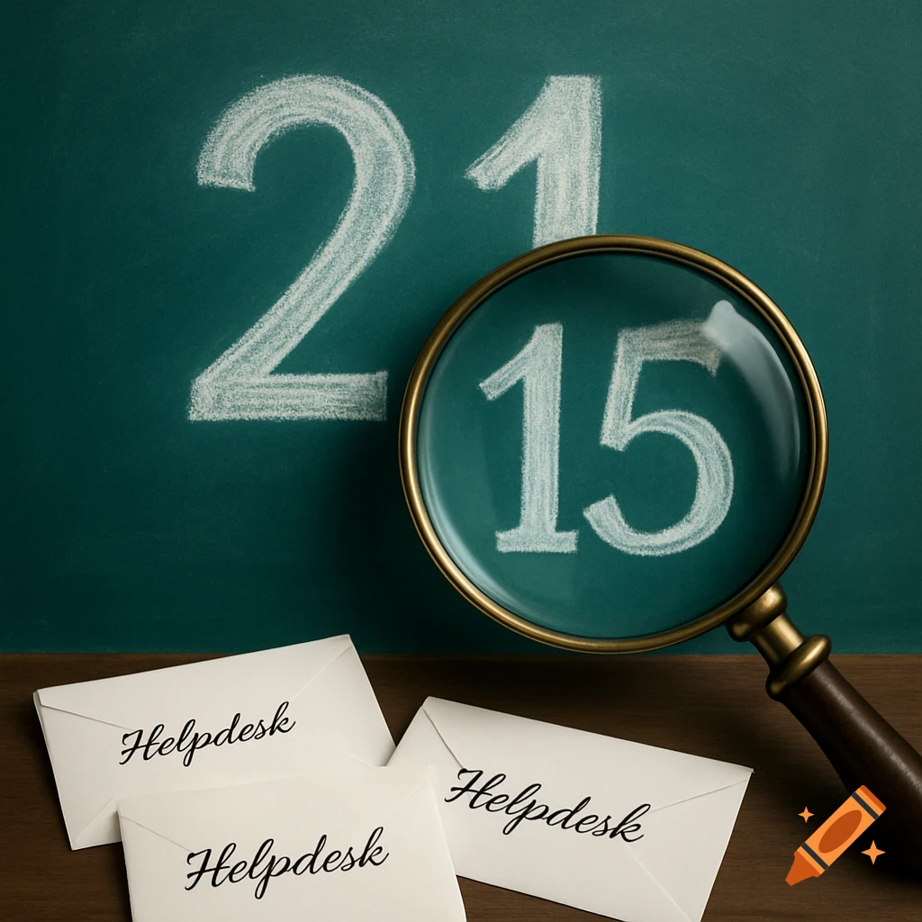 Chalkboard with number 21, a magnifying glass over number 15, and Helpdesk envelopes on a desk.