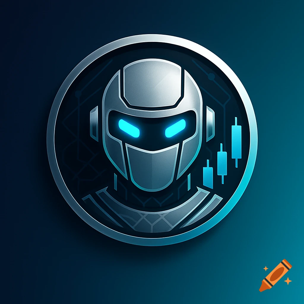 A futuristic silver robot head with glowing blue eyes in a circular logo, featuring blue candlestick charts on the right, against a dark blue background.