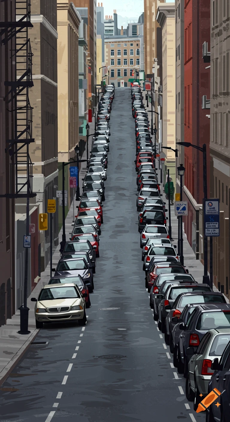 A long, narrow city street with cars parked on both sides, framed by tall buildings, in an illustrative style.
