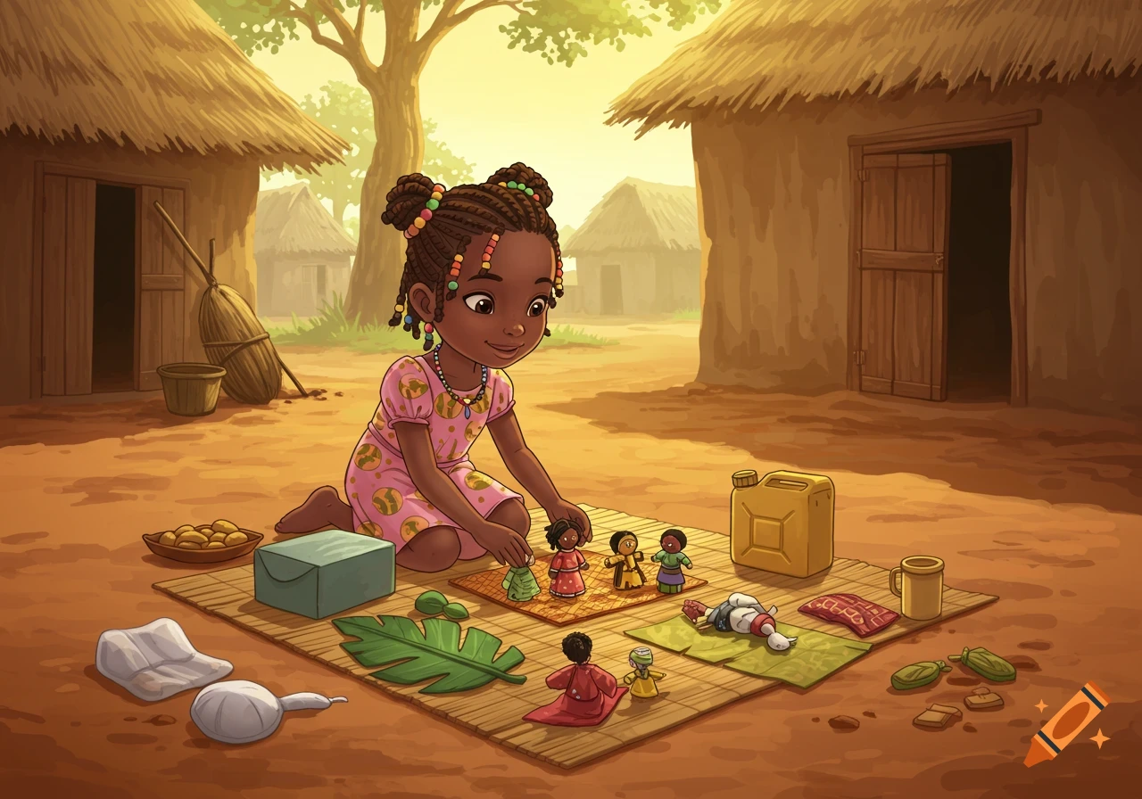 A smiling cartoon African girl plays with fabric dolls on a mat outside thatched village huts.