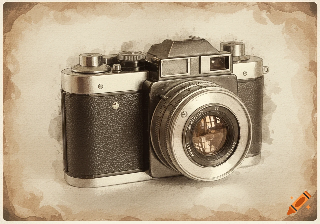 A watercolor painting of an antique camera with a vintage photo frame effect.