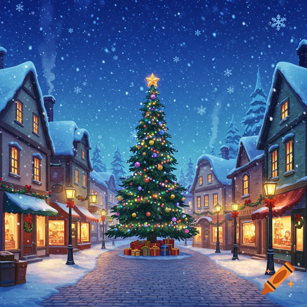A charming, snowy Christmas town street with a large decorated Christmas tree and presents in the center, surrounded by festive buildings.