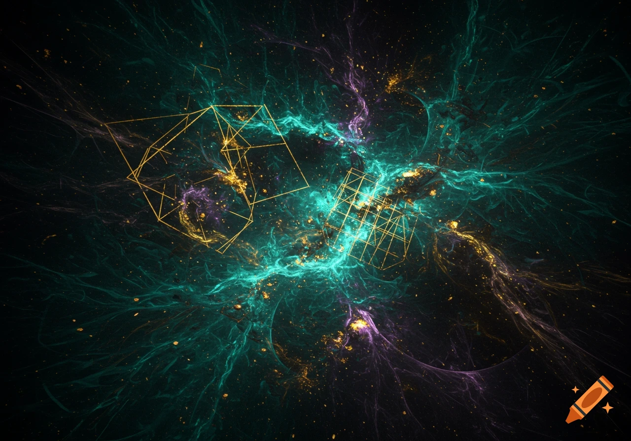 Abstract cosmic art featuring glowing teal and purple tendrils, golden particles, and geometric wireframe shapes on a dark background.