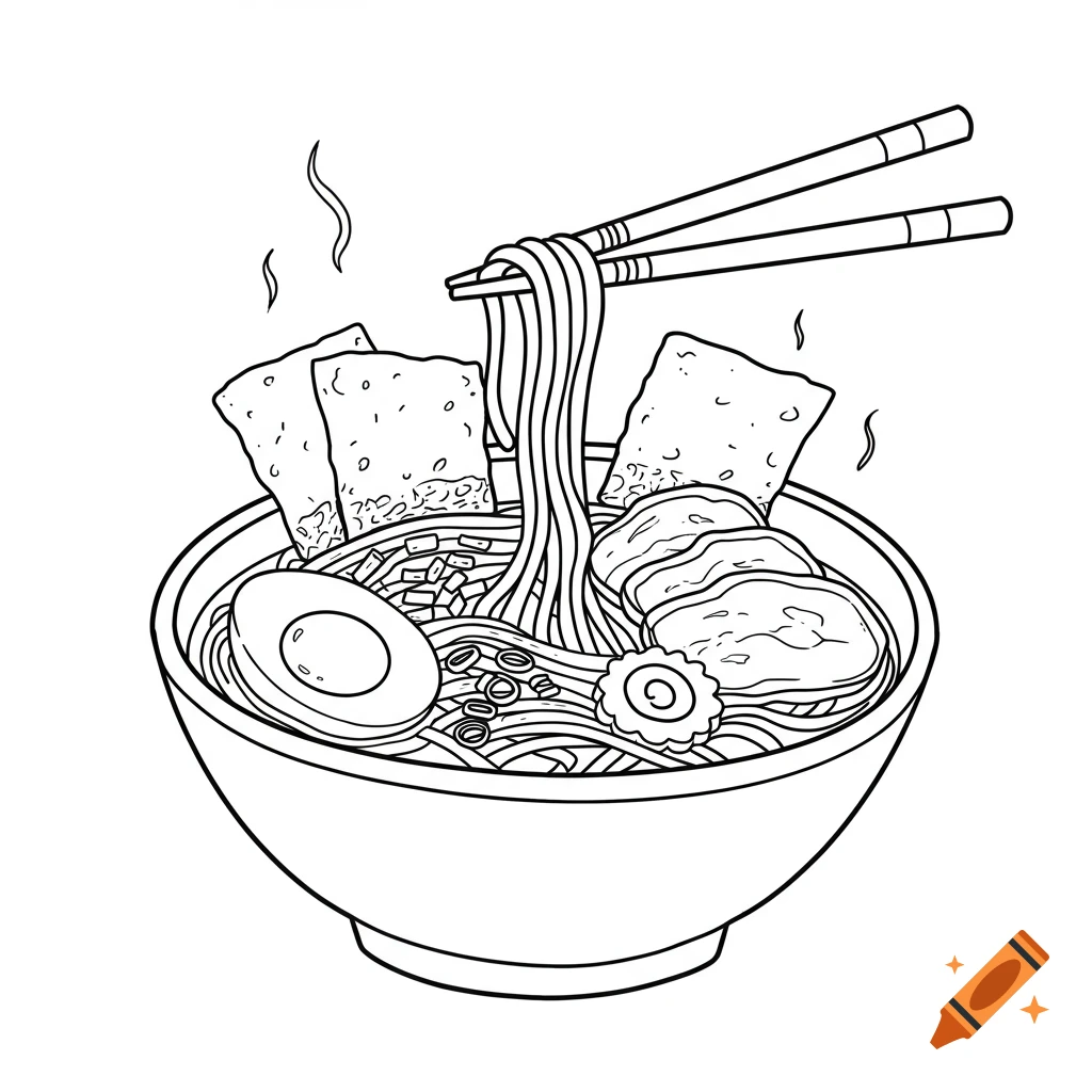Black and white line art illustration of ramen in a bowl with chopsticks lifting noodles, an egg, seaweed, char siu, and scallions.