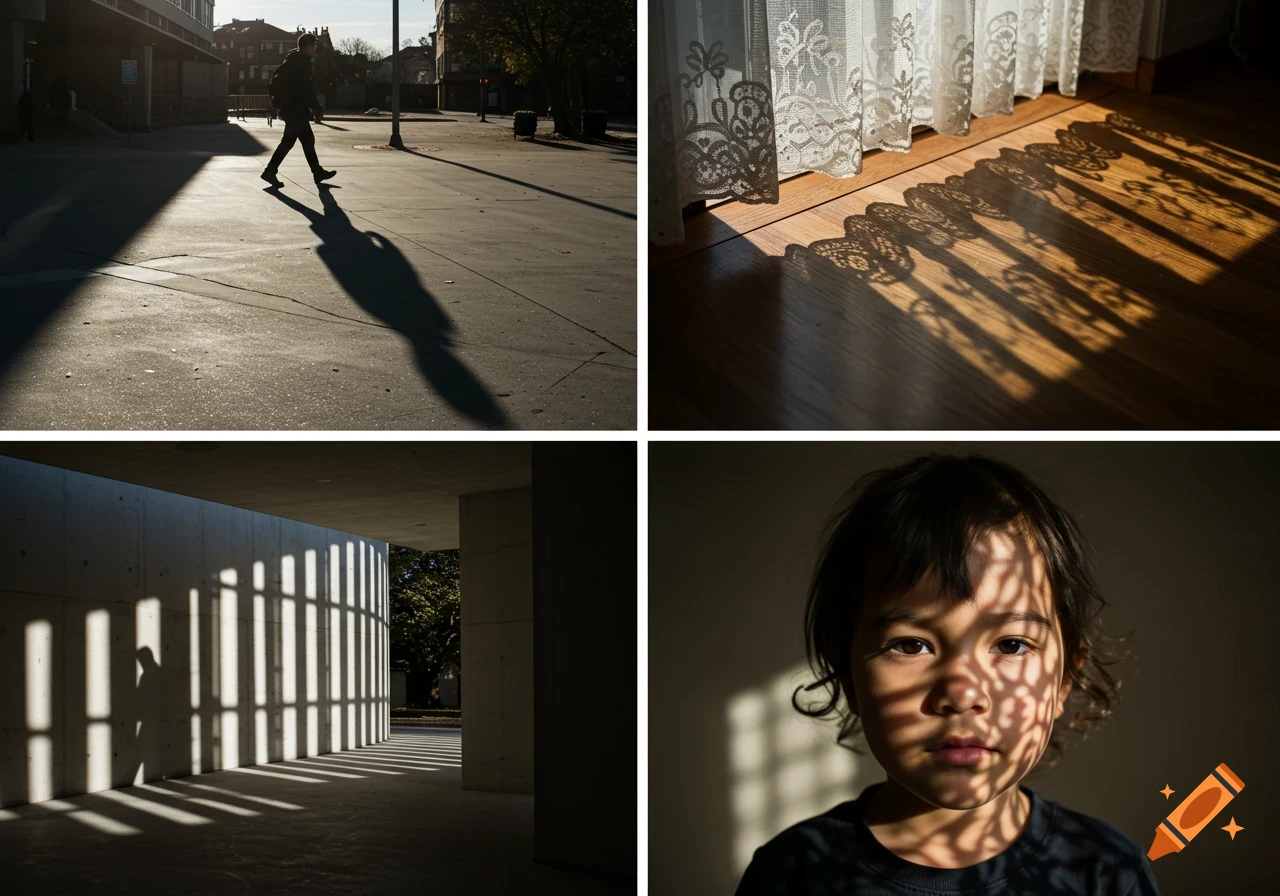 A four-panel collage featuring strong shadows: a person's long shadow on a street, lace curtain shadows on a floor, bar shadows in an underpass, and patterned shadows on a child's face.