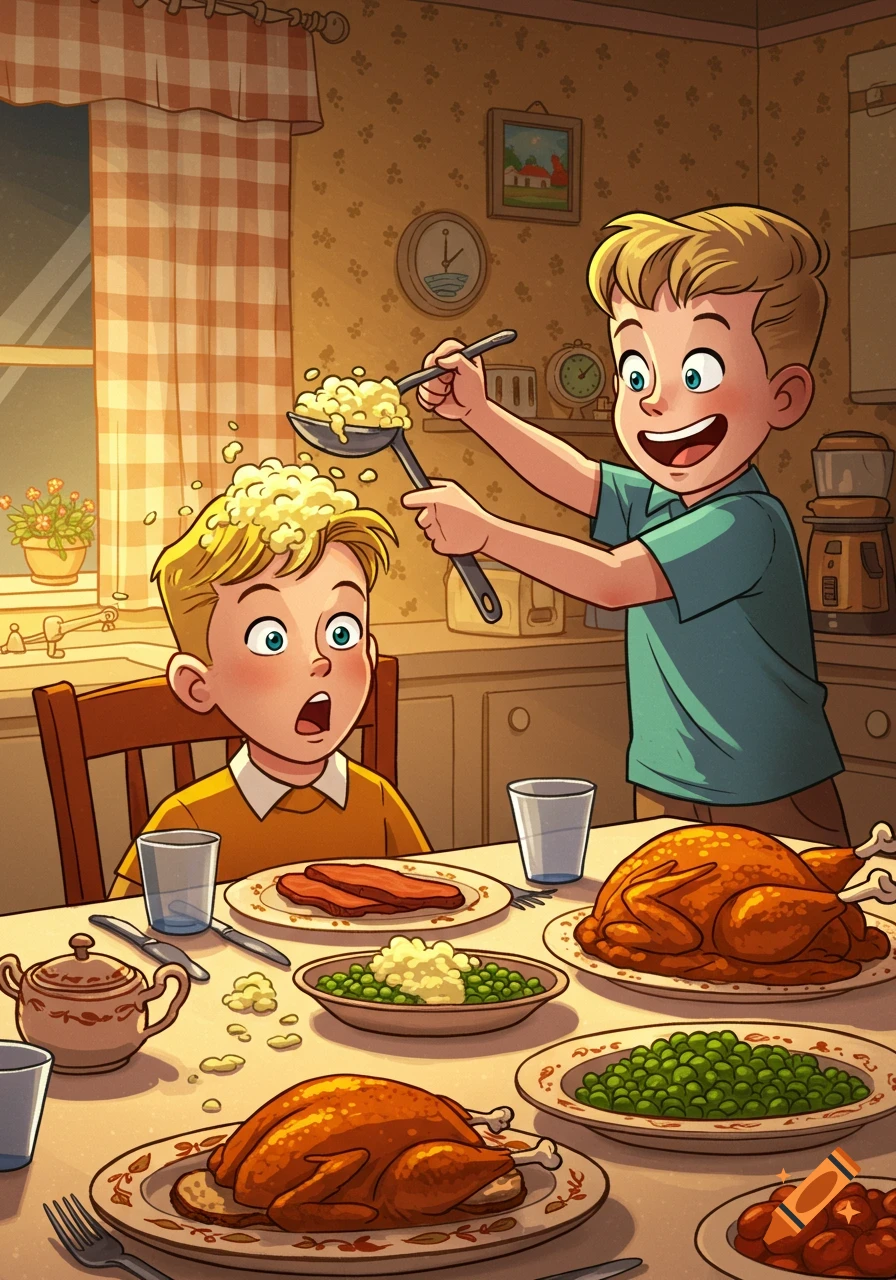 A smiling boy dumps mashed potatoes on a surprised boy's head at a 1950s style dinner table, in a cartoon.