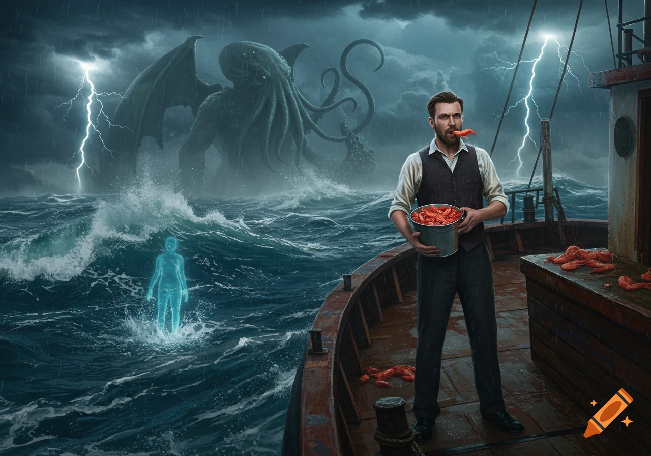 A man on a boat eats shrimp as a colossal Cthulhu rises from a stormy sea with lightning, and a glowing soul descends into the water.