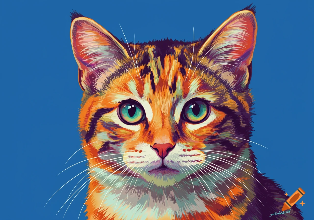 Close-up of a colorful calico cat's face in a vibrant pop art style against a solid blue background.
