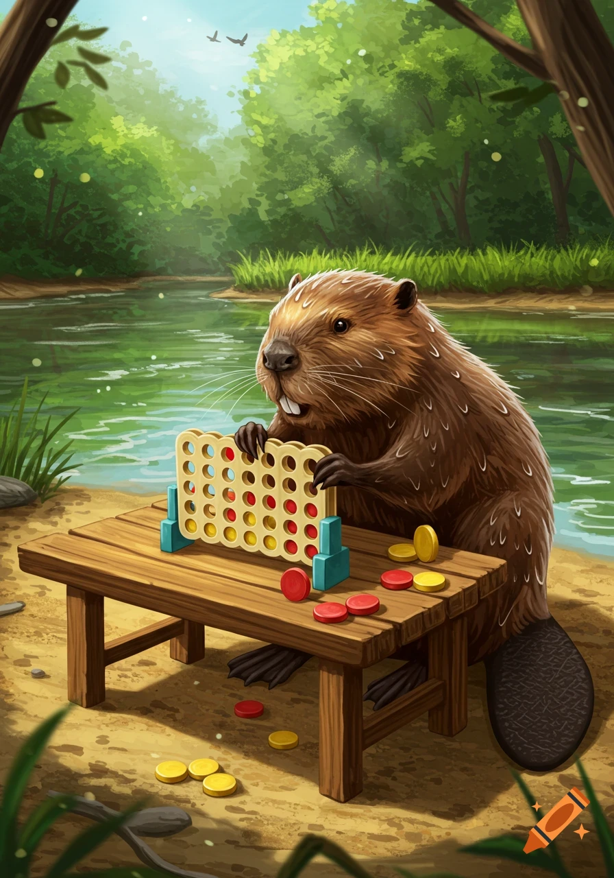 An illustrated beaver playing Connect Four on a wooden table by a river in a forest.