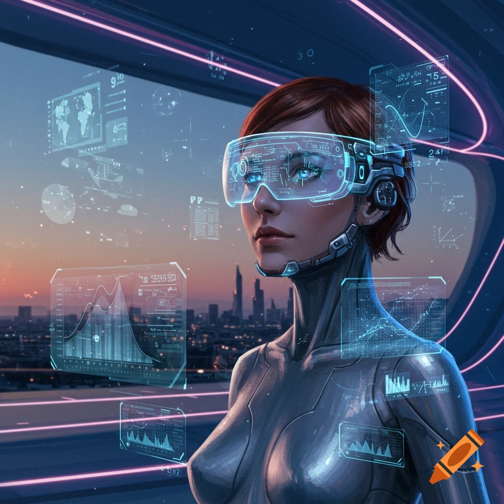 Futuristic woman in AR goggles with holographic data displays, overlooking a city skyline at sunset, digital art.