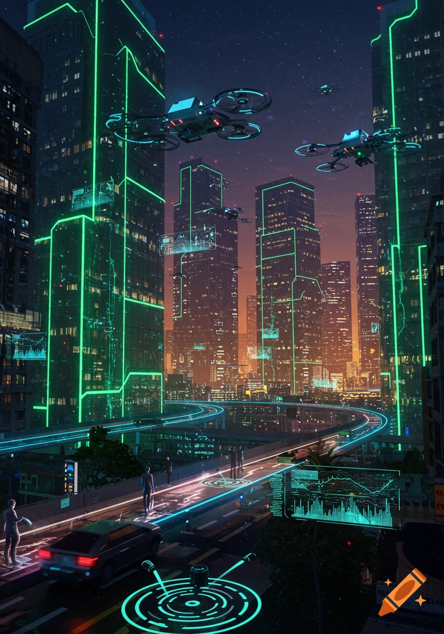 A futuristic city at night with neon green outlines on skyscrapers, flying drones, glowing blue highways, and holographic data displays.