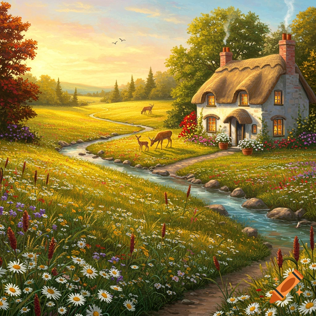 A vibrant painting of a charming cottage with a thatched roof by a winding stream, surrounded by a wildflower meadow and deer at sunset.