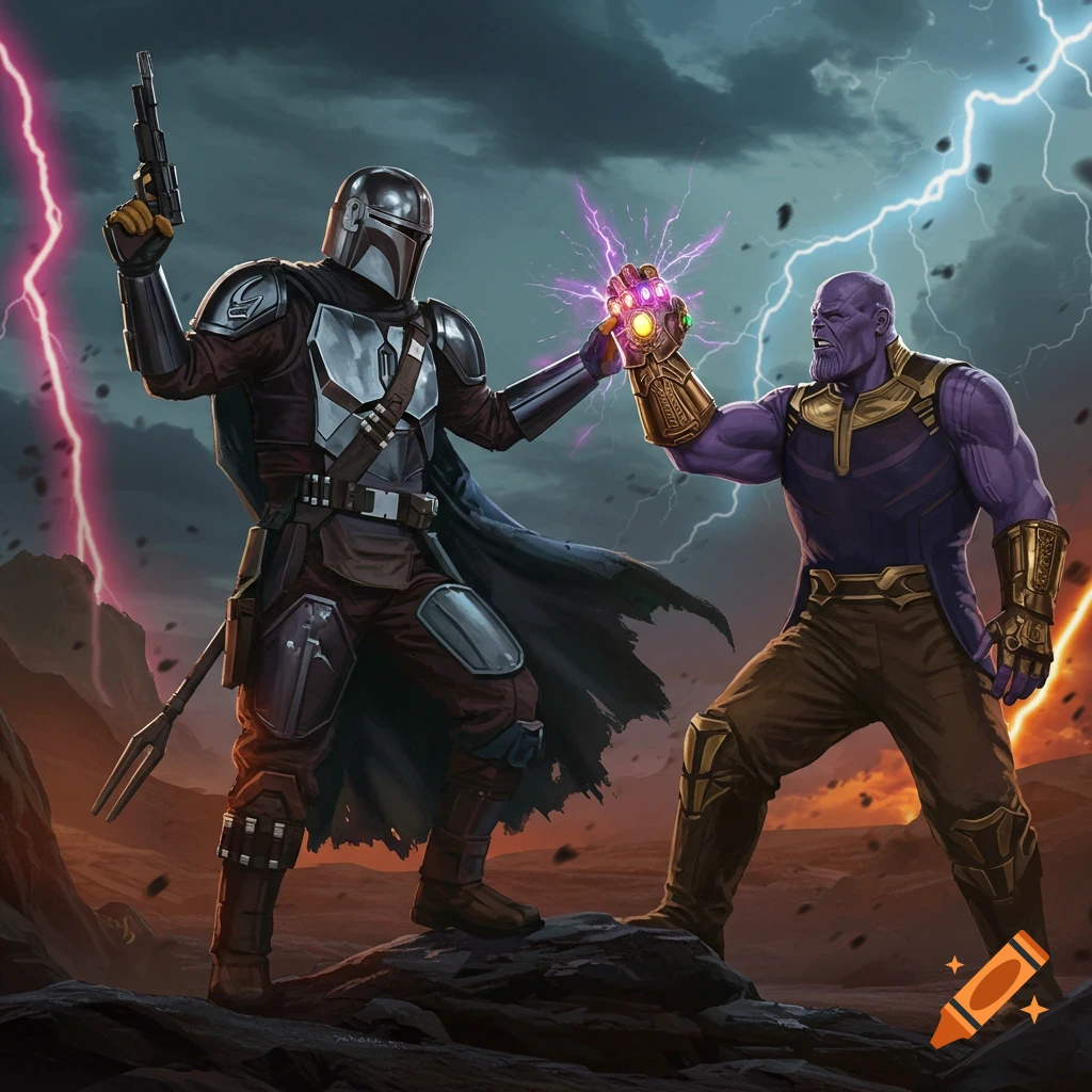 The Mandalorian and Thanos stand on a rocky, lightning-struck planet, Din Djarin aiming a blaster as Thanos raises the Infinity Gauntlet.