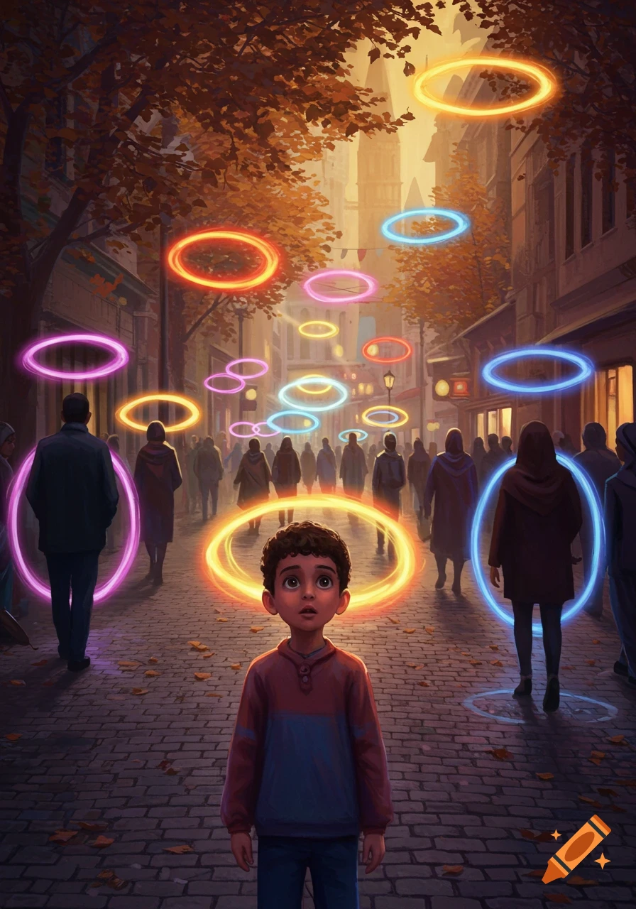 A wide-eyed boy on a cobblestone street looks up at glowing colorful rings around people and floating in the air, digital art.